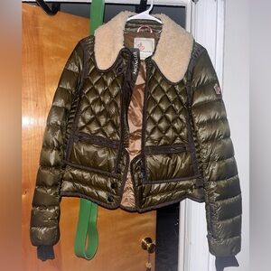 Moncler Olive Green Quilted Puffer Jacket with Shearling Collar